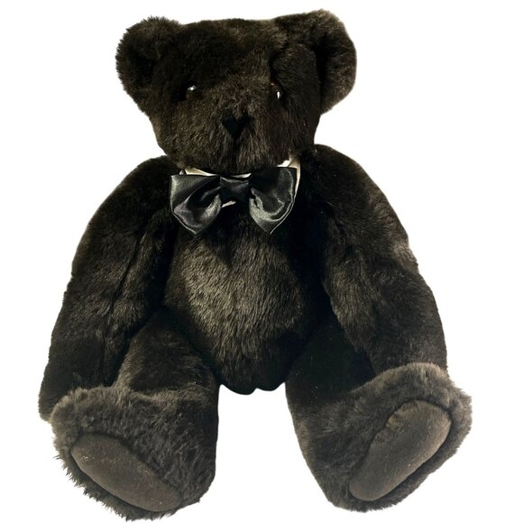 Vintage 1997 Vermont Teddy Bear Jointed Dark Chocolate Brown Bow Tie 16” - Picture 1 of 12